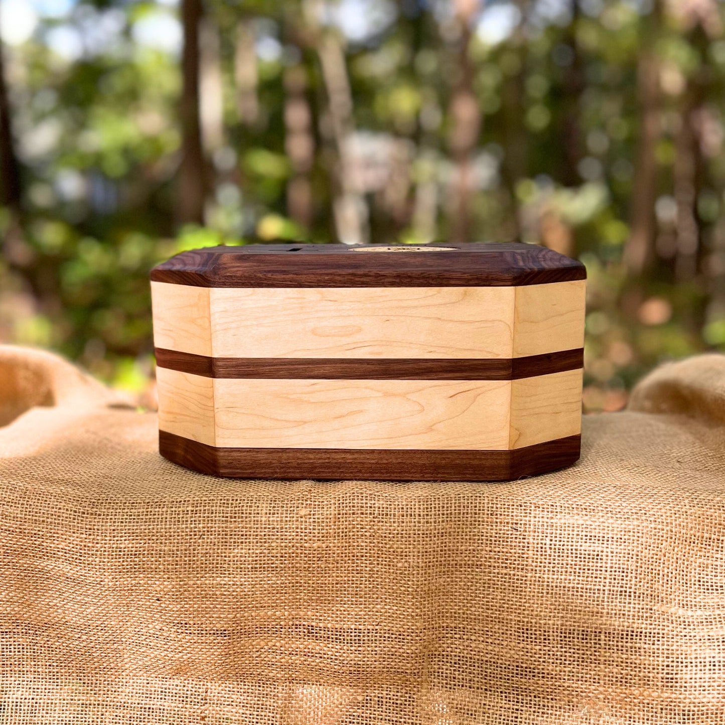 Military Solid Walnut and Maple 8 Sided Urn