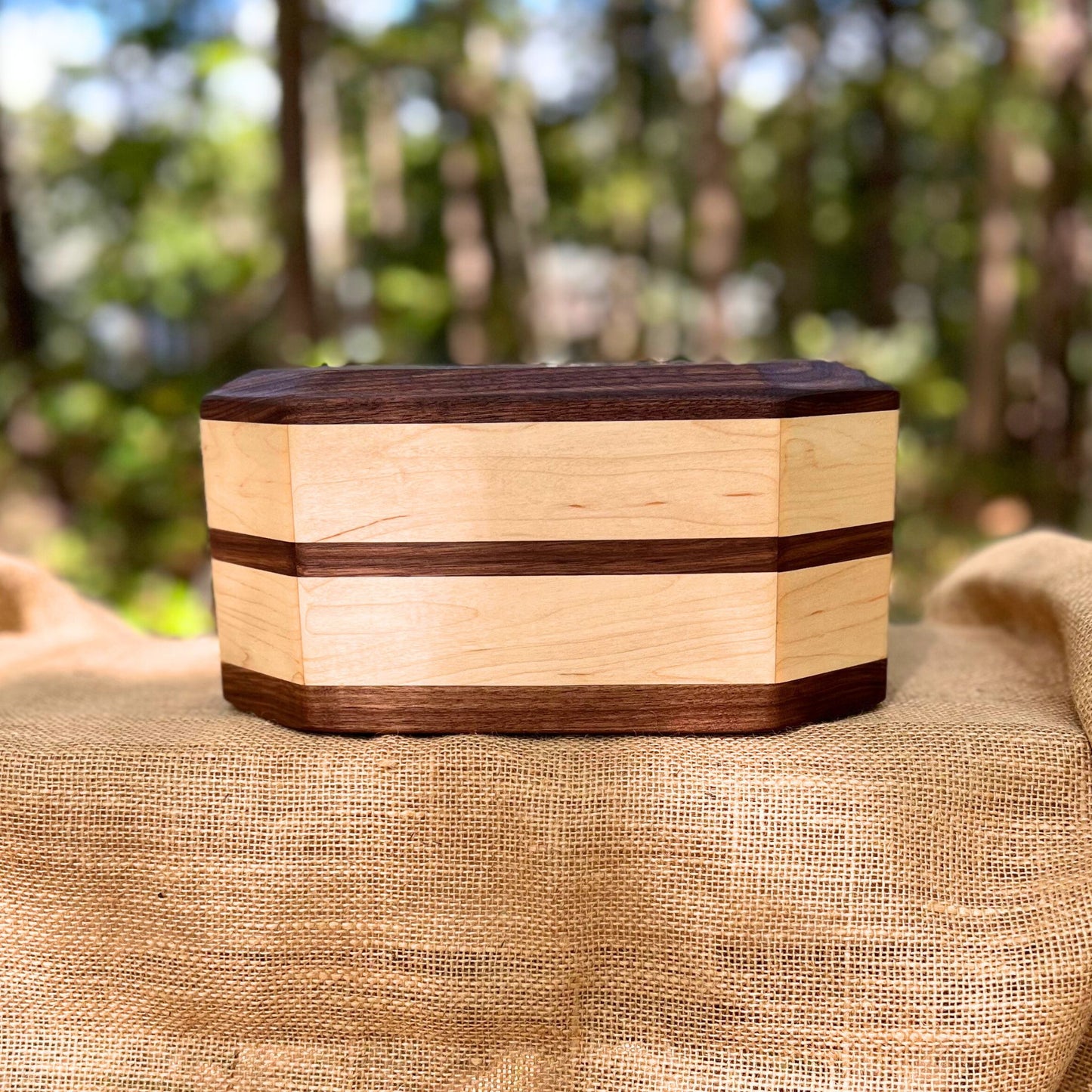 Military Solid Walnut and Maple 8 Sided Urn