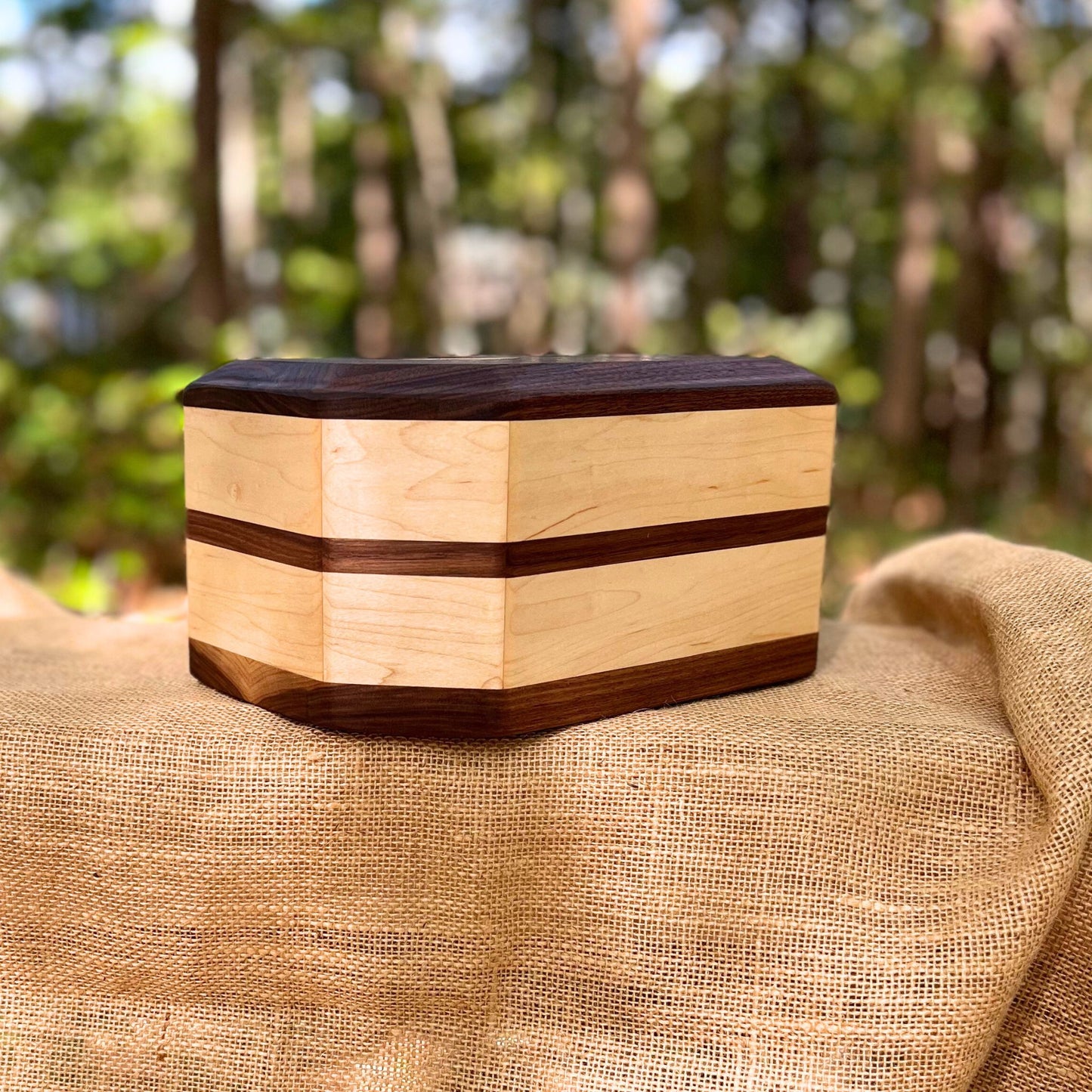 Military Solid Walnut and Maple 8 Sided Urn