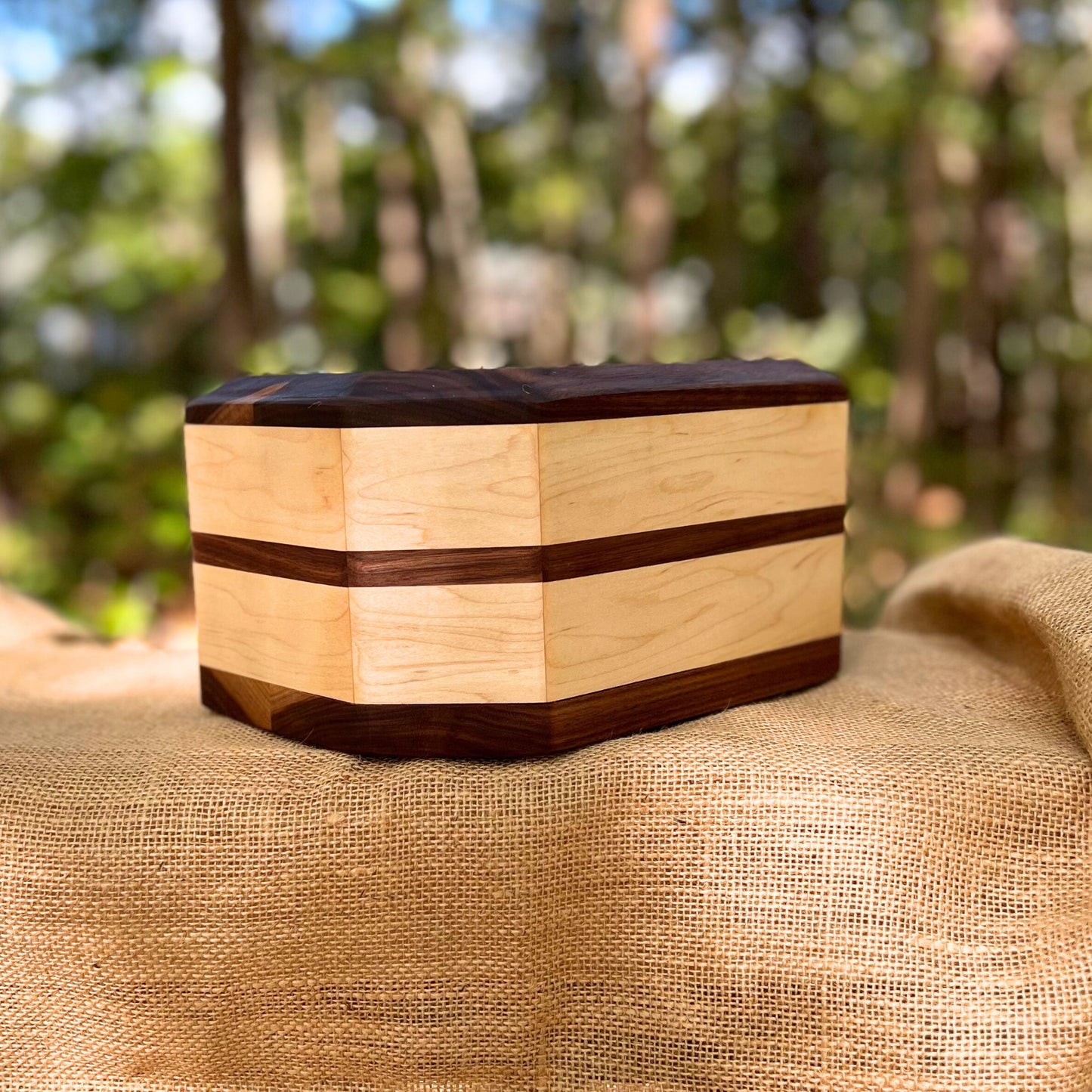 Military Solid Walnut and Maple 8 Sided Urn