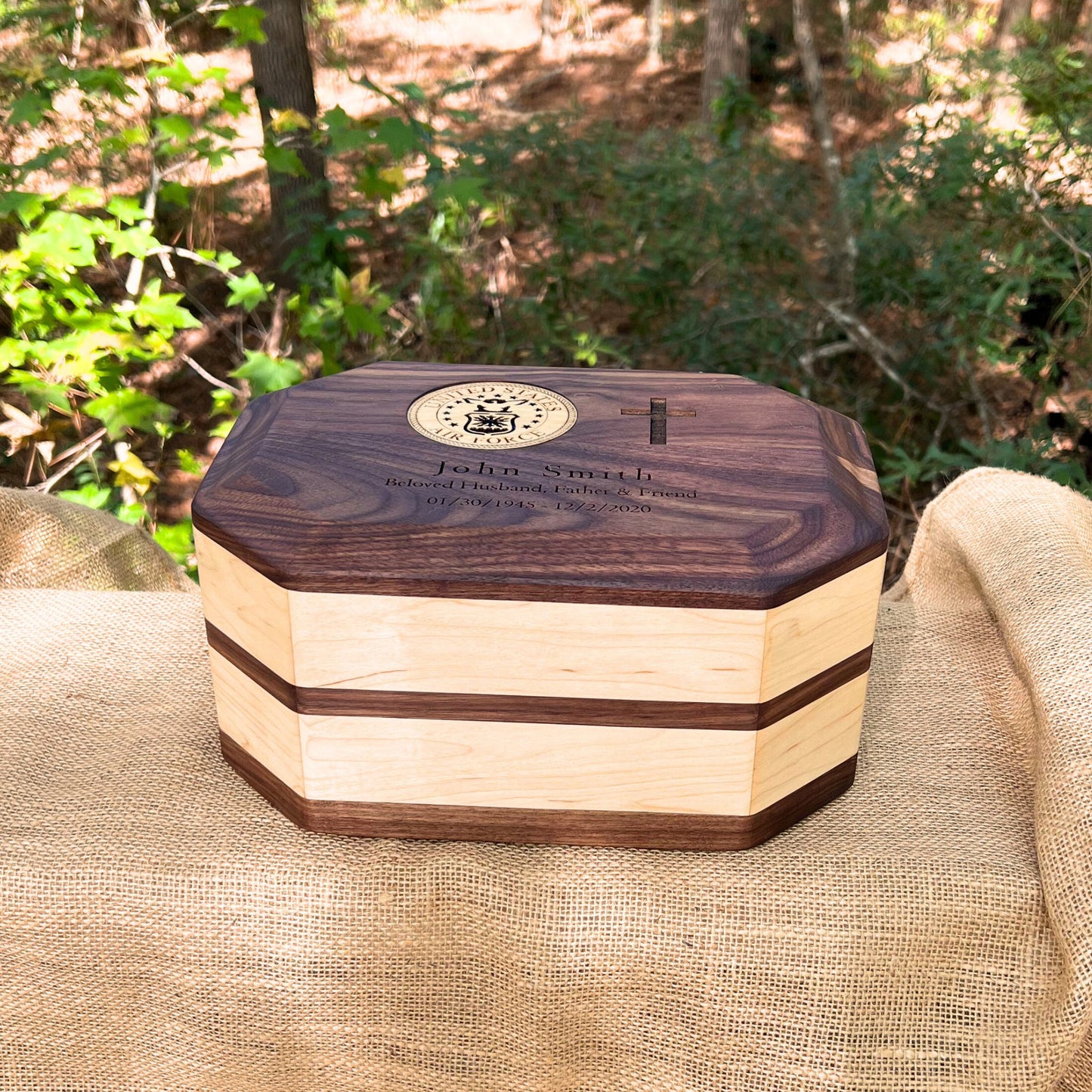 Military Solid Walnut and Maple 8 Sided Urn