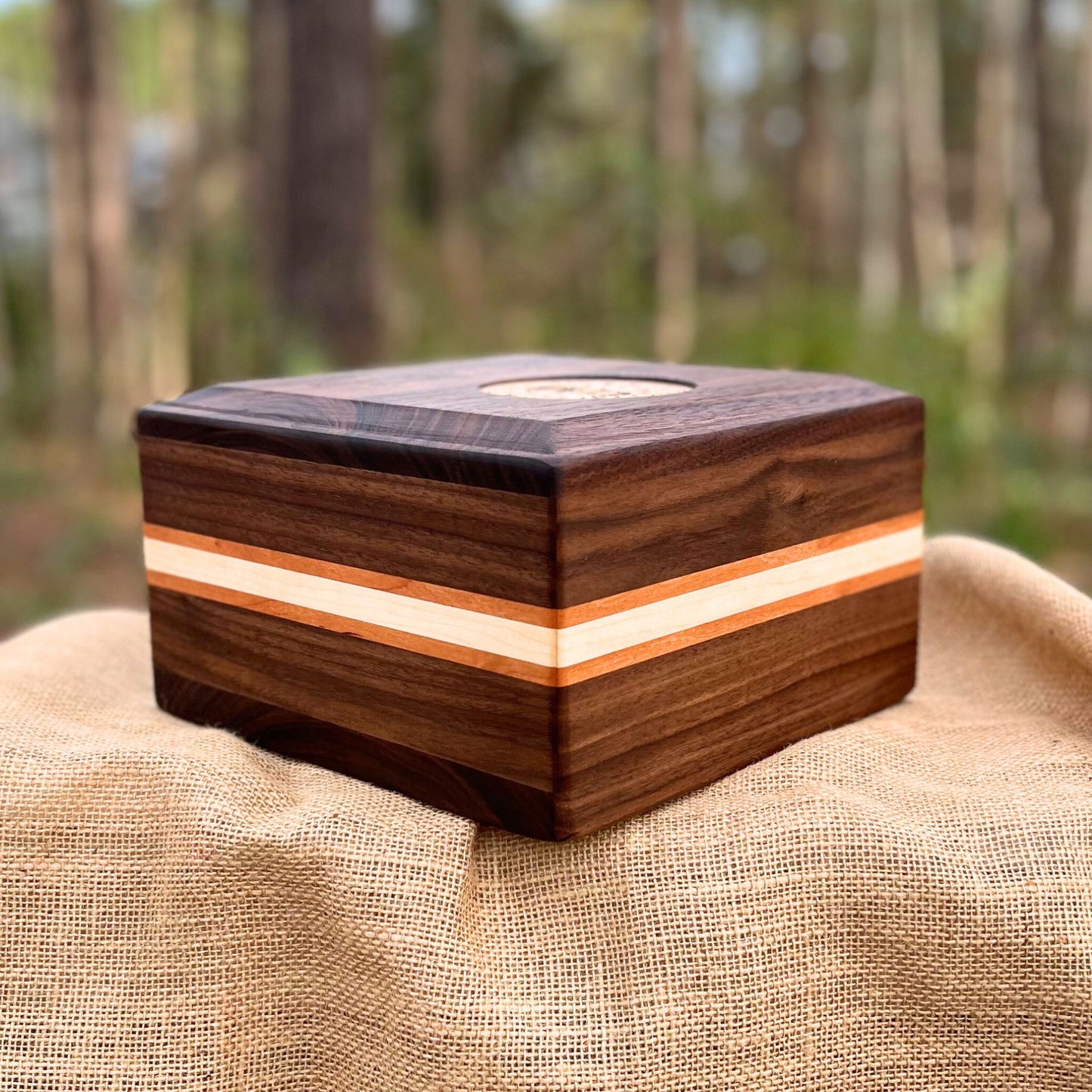 Military Solid Walnut with Cherry/Maple Side Inlay Square Urn