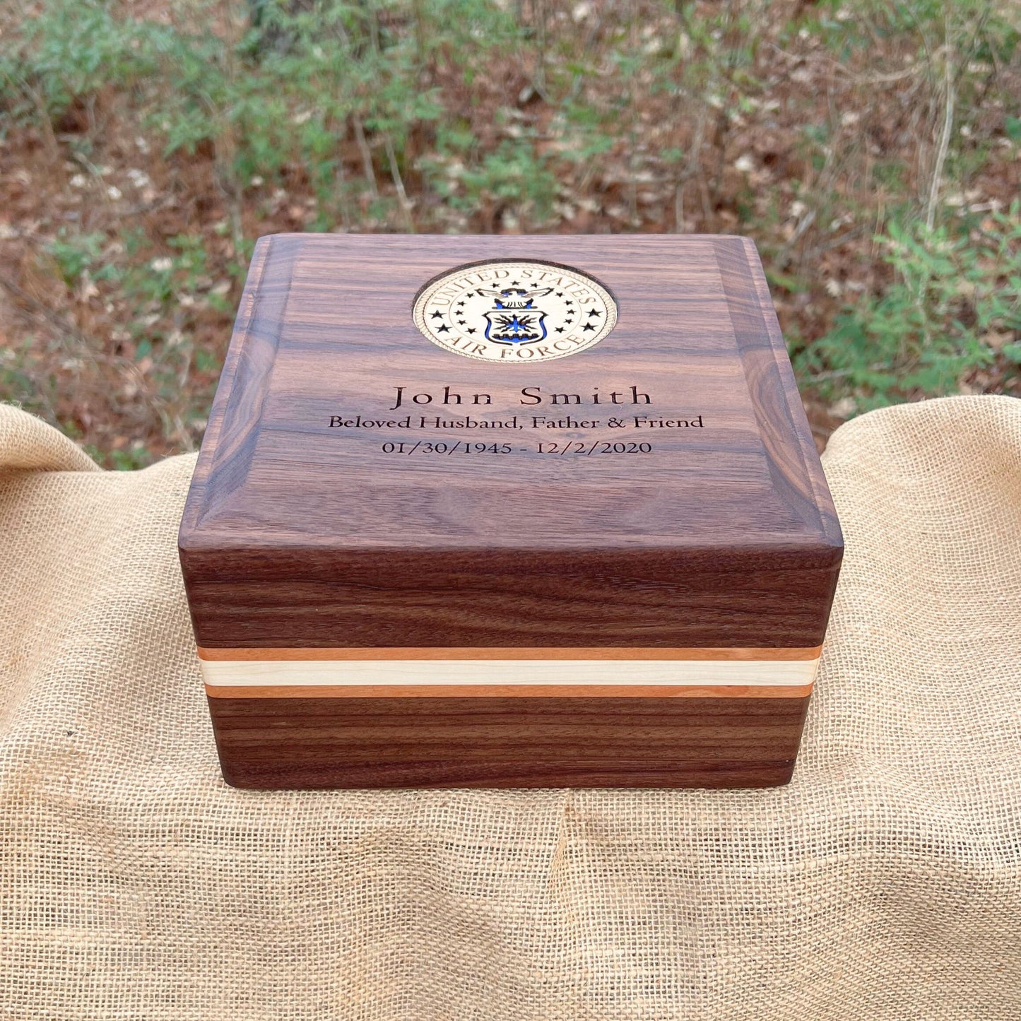 Military Solid Walnut with Cherry/Maple Side Inlay Square Urn